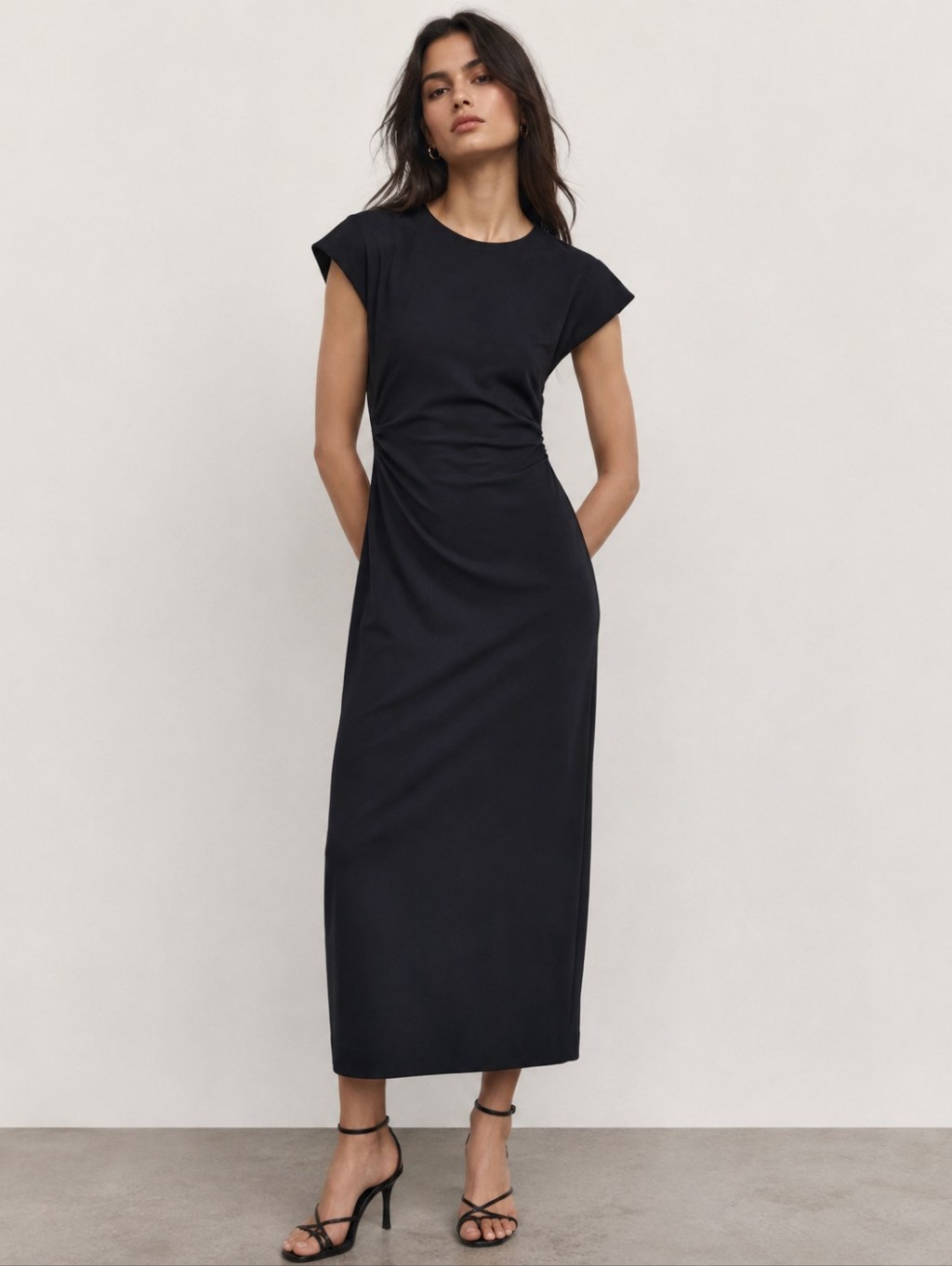 Zara Navy Ruched Waist Midi Sheath Dress Cap Sleeve Office Size Small